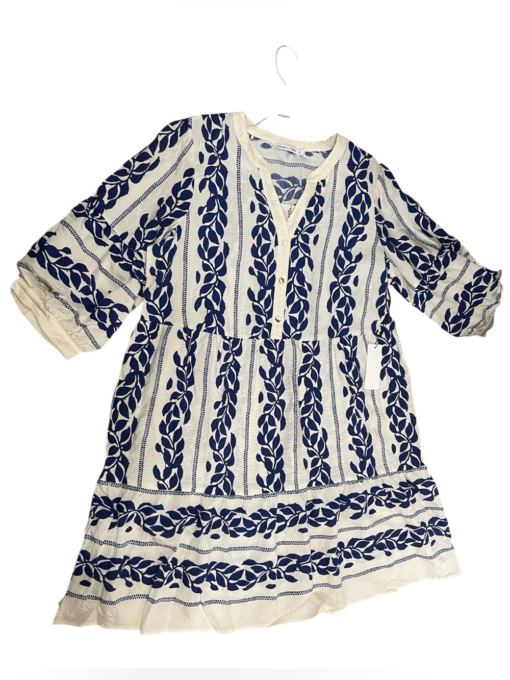 Fig & Flower Anthro Cream Blue Printed Boho 3/4 Sleeve Dress Sz XL
